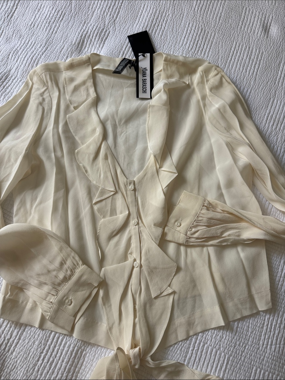 100% silk  Ivory Ruffle-Front Tie Hem Blouse
